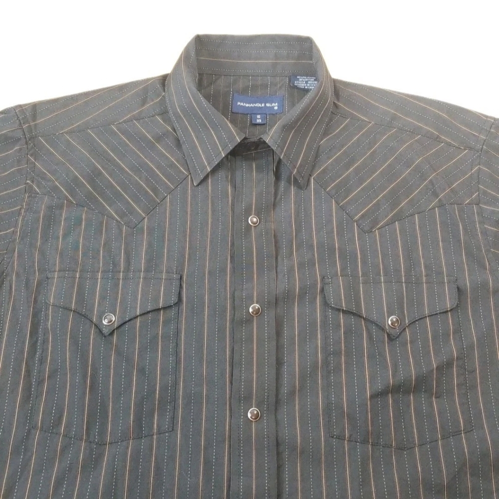 Panhandle Slim Pearl Snap Shirt Men 16/33 Black Gold Striped Biker Rodeo Cowboy
